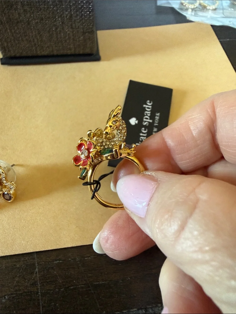 kate spade gold-tone red and green floral dragon ring and stud earring set